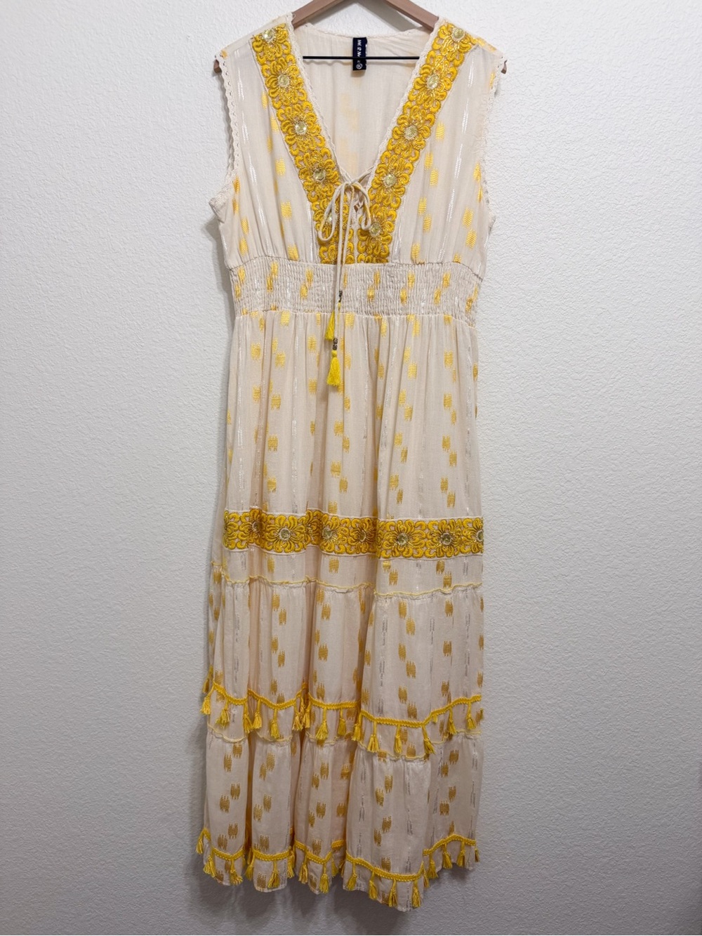 Boho Embroidered Tassel Cotton Smocked Tiered Sleeveless Maxi Dress 1X